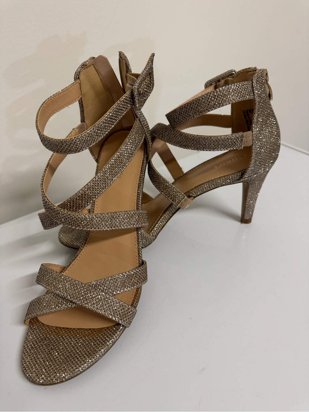 Maripe Glitter Strappy Heeled Sandals in Champagne Gold size9 wedding party